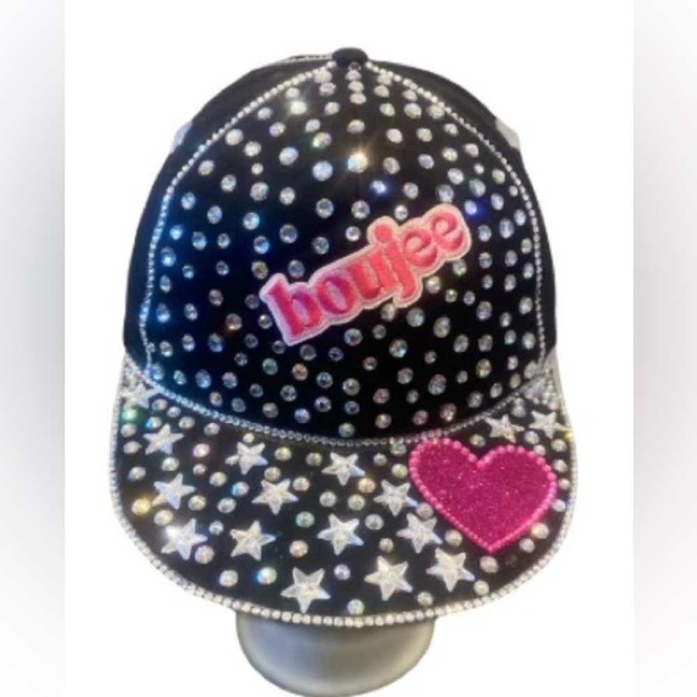Black Cap with Rhinestones and Pink Heart